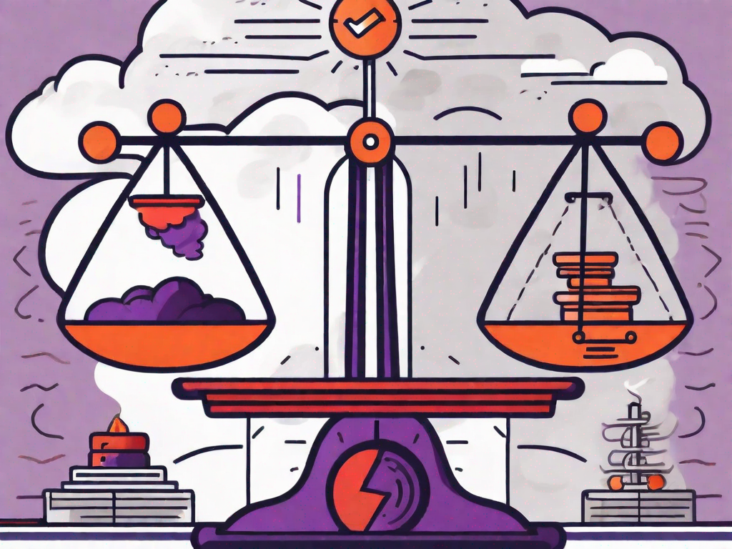 A balanced scale with a franchise building on one side and a collection of symbols representing potential risks (like a storm cloud