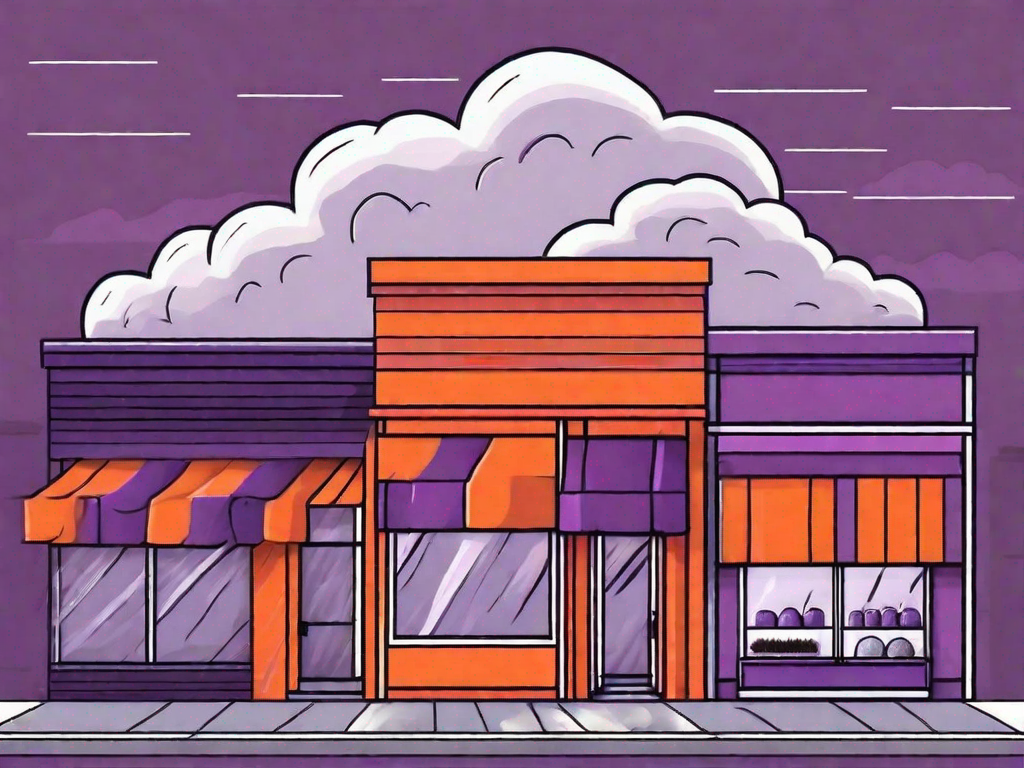 A storm cloud looming over a row of identical storefronts