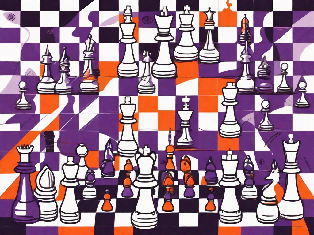 A large chessboard with various iconic elements from different franchises (like a spaceship