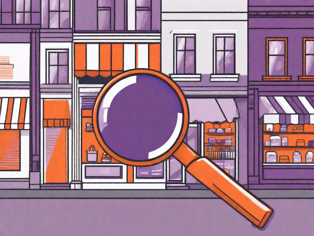 A magnifying glass focusing on a store within a row of different businesses