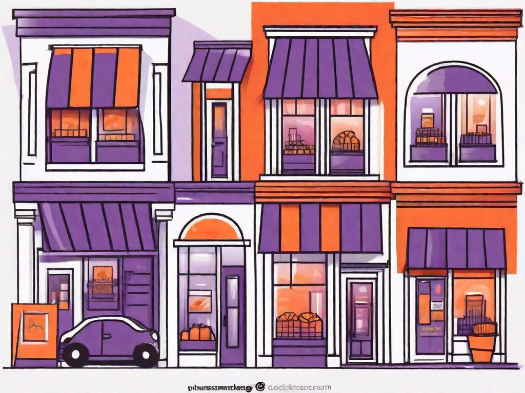 Various store fronts with distinctive color schemes and architectural designs