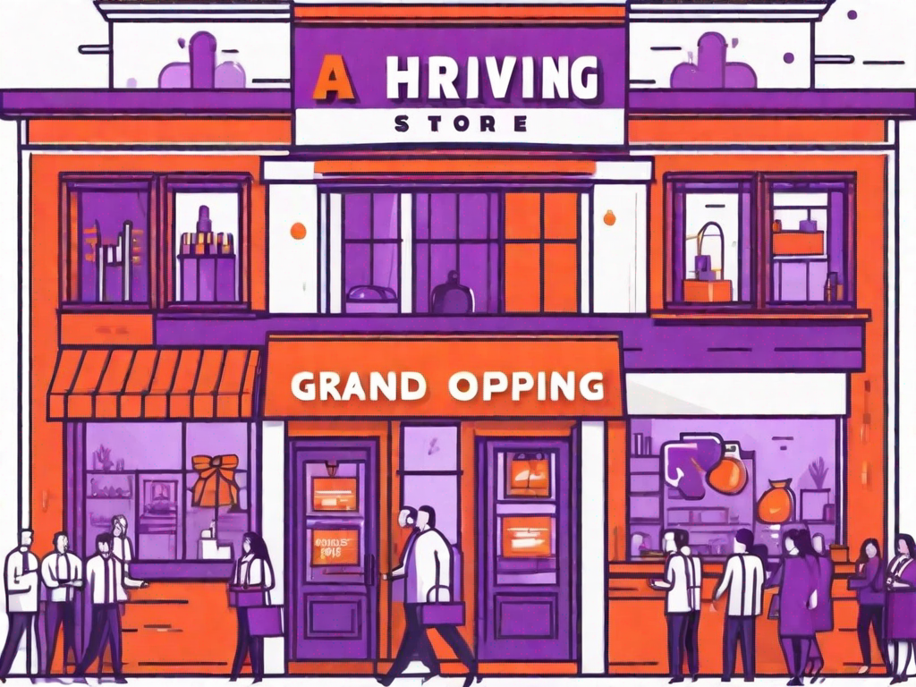 A thriving franchise store with a grand opening banner