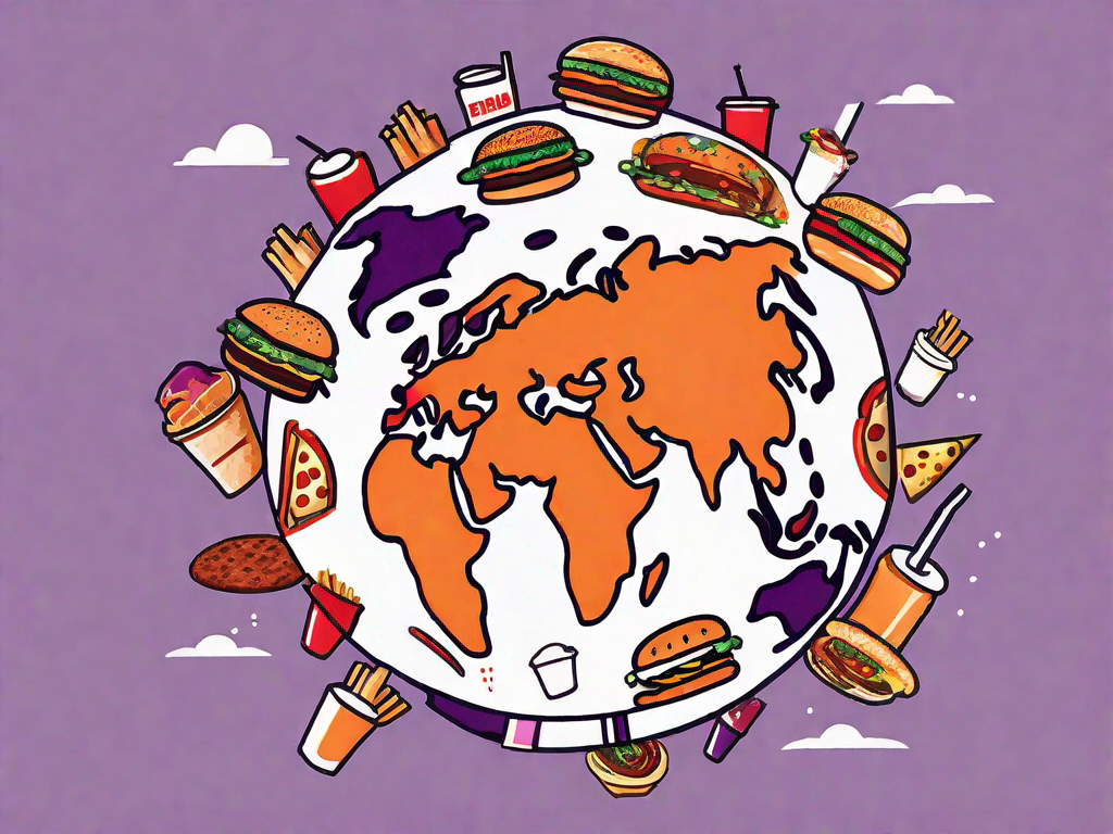 A globe with various recognizable fast food items (like a burger