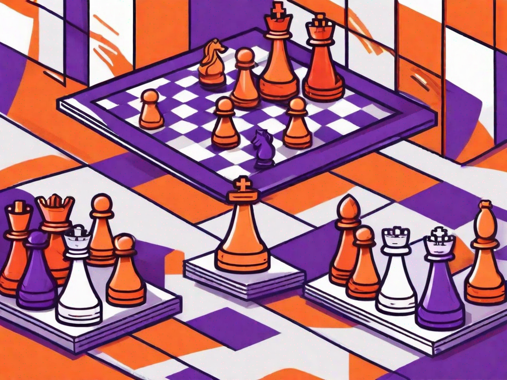 A chessboard with various business-related elements like a storefront