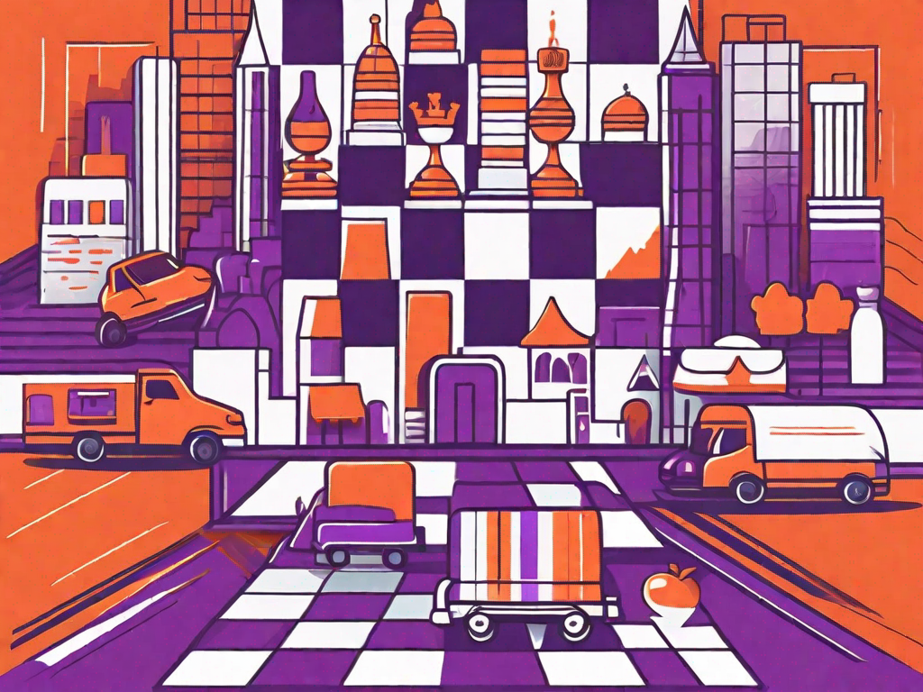 A chessboard with various franchising-themed pieces like buildings