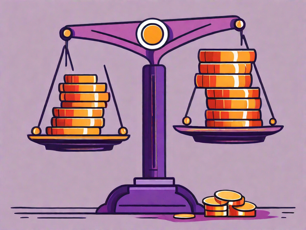 A pair of scales balancing a franchise building and a pile of gold coins