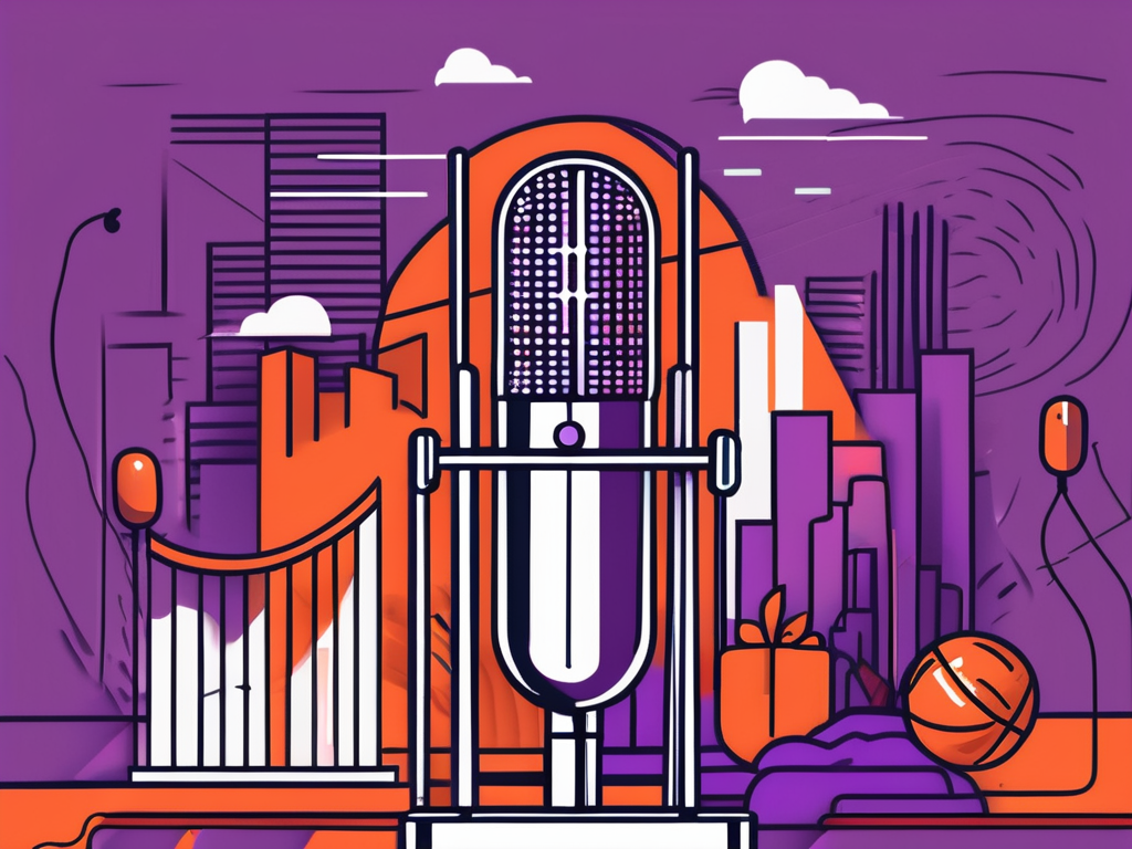 A podcast microphone surrounded by various franchise-related items like a fast food restaurant