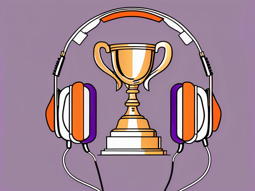 A pair of headphones connected to a golden trophy