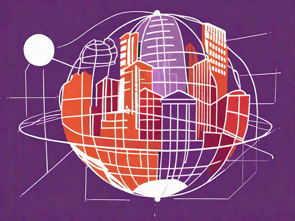 A globe with various types of business buildings