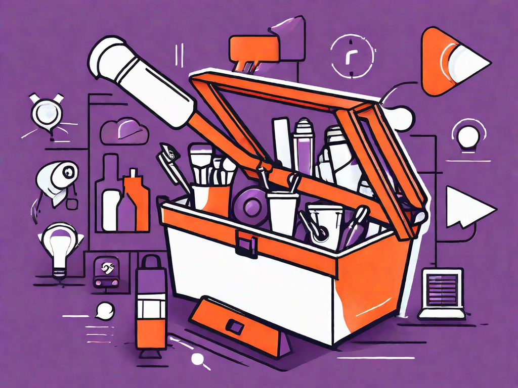 A toolbox filled with various marketing tools like a megaphone
