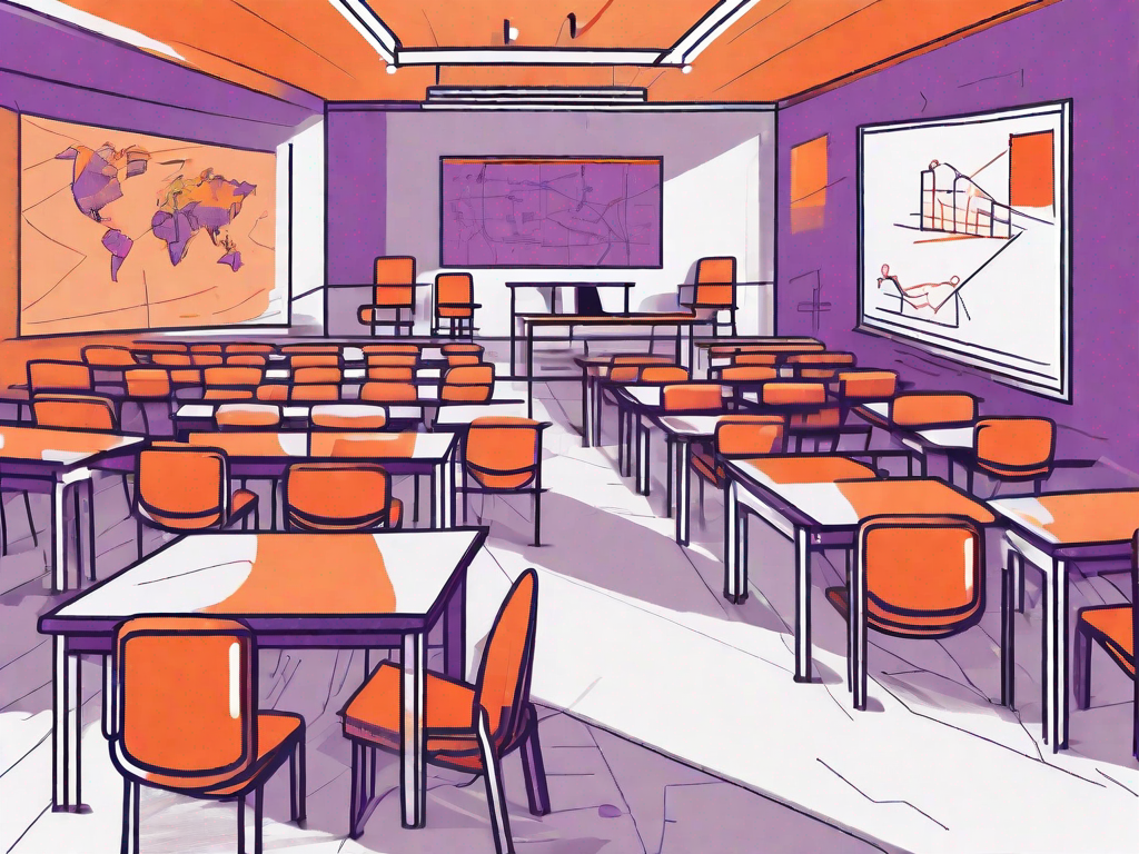 A classroom setting with empty chairs